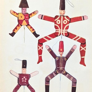 Holzspielzeug Vintage Druck von 1952 Volkskunst originale Illustration Spielzeug Wanddeko für Kinderzimmer Volksspielzeug Hampelmann