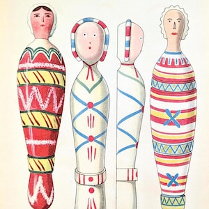 Holzspielzeug Vintage Druck von 1952 Holzpuppe Volkskunst antike Illustration Spielzeug Wanddeko Geschenk für Vintagefans Holzpuppen