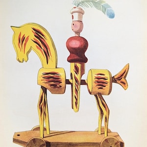 Holzspielzeug Vintage Druck von 1952 Holzpferd Volkskunst originale Illustration Spielzeug Wanddeko Geschenk für Vintagefans Volksspielzeug