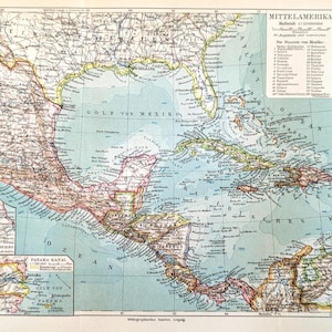 Antieke kaart van Centraal-Amerika uit 1897, vintage print, originele litho, cadeau voor globetrotters, Golf van Mexico, Caribisch gebied, Cuba