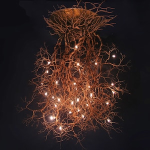 Pu&ograve; includere: Un lampadario unico realizzato con rami naturali e luci bianche calde. I rami sono disposti a cascata, creando un aspetto rustico ed elegante.