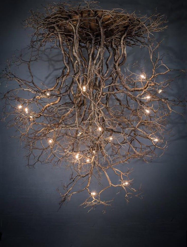 Pu&ograve; includere: Un lampadario unico realizzato con rami intrecciati e luci bianche calde. Il lampadario &egrave; sospeso da una base circolare in legno.