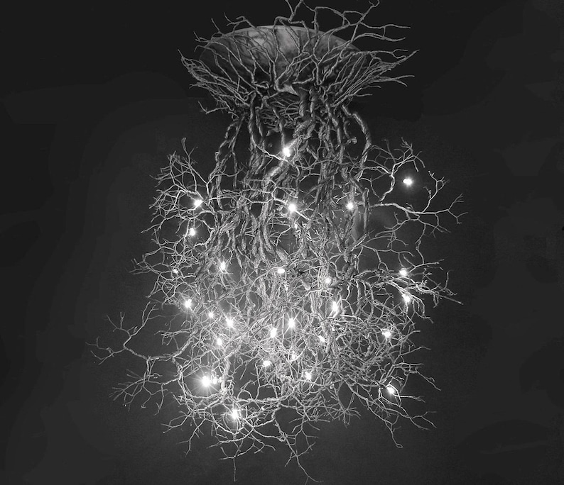 Pu&ograve; includere: Un'immagine in bianco e nero di un lampadario unico fatto di rami con piccole luci bianche. Il lampadario &egrave; appeso al soffitto ed &egrave; circondato da uno sfondo scuro.