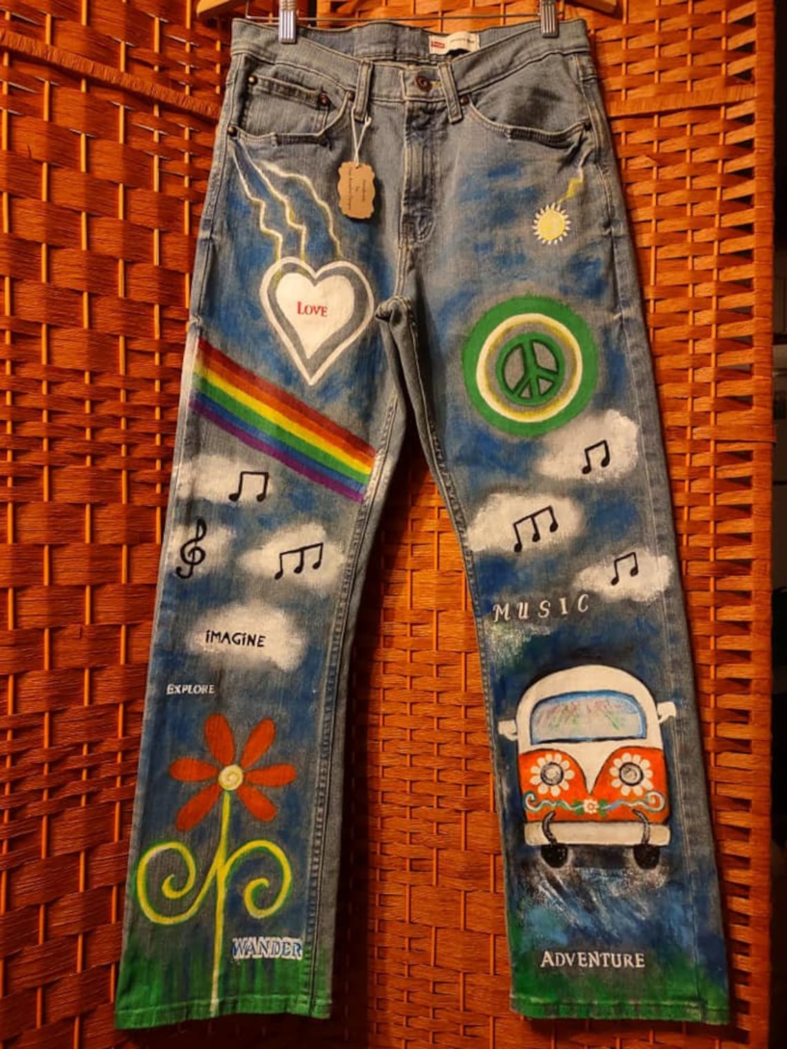 CUSTOM Hand Painted Hippie Jeans, Festival Clothing, Rainbow Nature ...