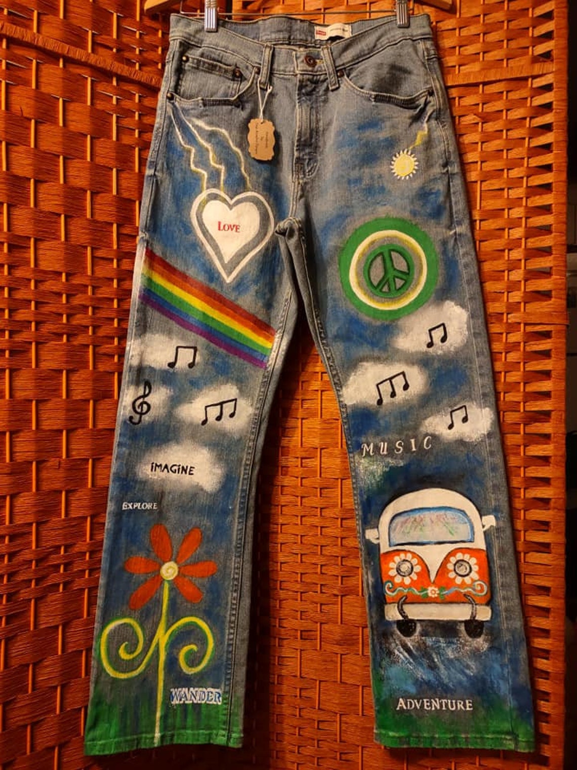 CUSTOM Hand Painted Hippie Jeans, Festival Clothing, Rainbow Nature Flower Peace Sign Painted