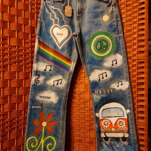 CUSTOM Hand Painted Hippie Jeans Festival Clothing Rainbow - Etsy
