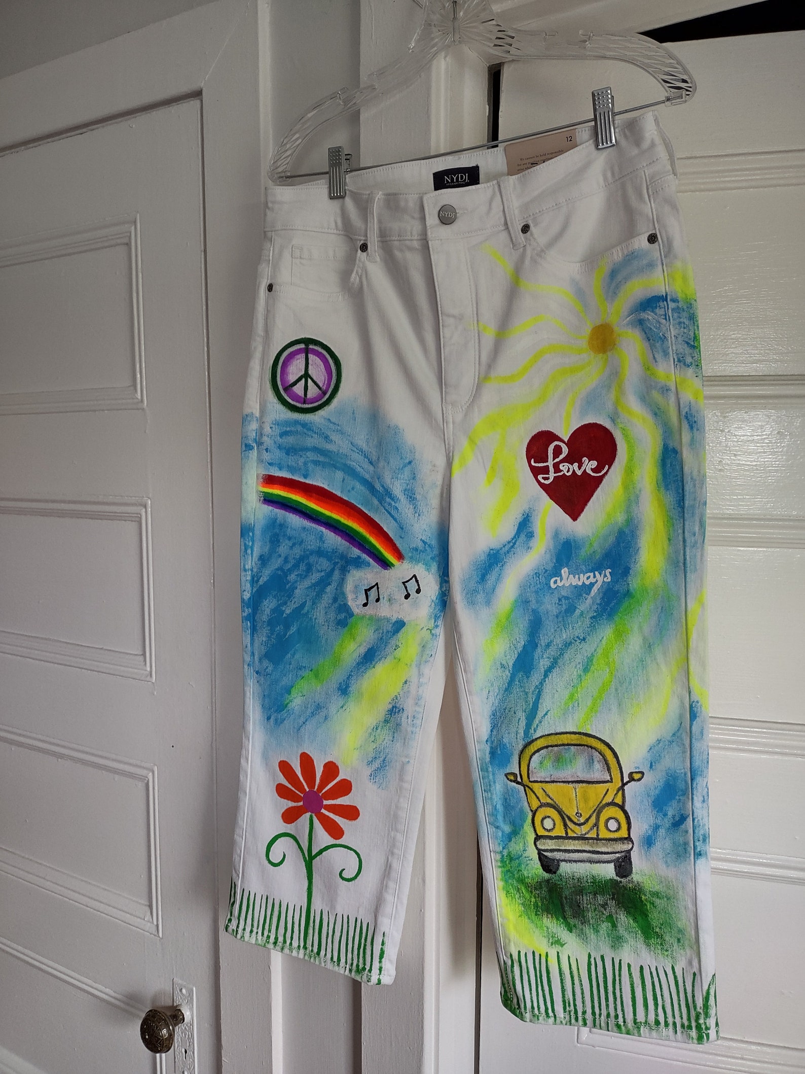 CUSTOM Hand Painted Hippie Jeans, Festival Clothing, Rainbow Nature Flower Peace Sign Painted