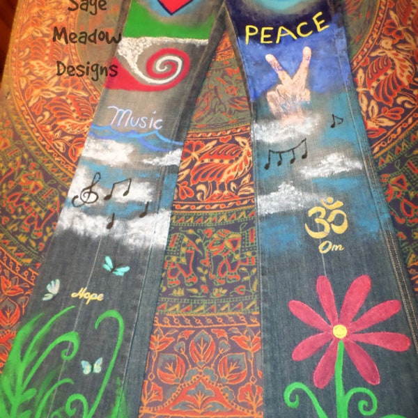 CUSTOM Hand Painted Hippie Jeans, Festival Clothing, Rainbow Nature Flower Peace sign painted jeans