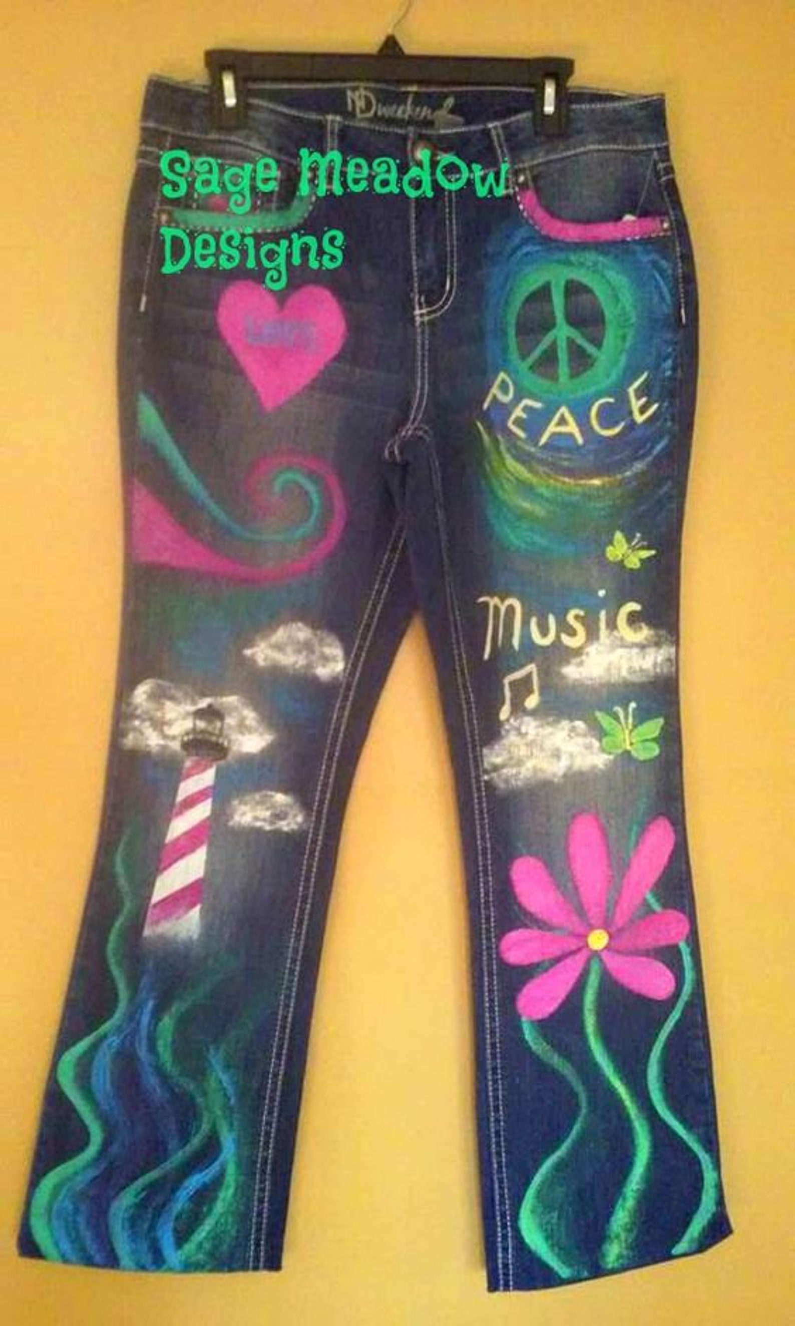 CUSTOM Hand Painted Hippie Jeans, Festival Clothing, Rainbow Nature