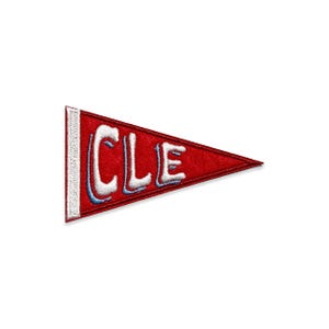 May include: Red felt pennant with white embroidered text "CLE" in a retro style font.
