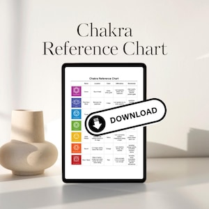 May include: A digital tablet displays a "Chakra Reference Chart" with colorful symbols and text. A "DOWNLOAD" button is overlaid on the screen. A beige vase sits to the left. The chart provides information on chakras.