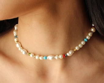 Colorful Pearl and beads Choker, Baroque Pearl Necklace, Pearl Layering Necklace, Pearl and Bead Necklace, Colorful Bead Choker Necklace,