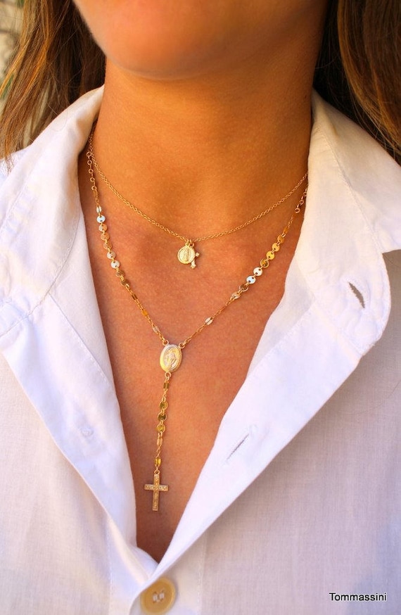 Tiny Cross & Saint Charm Necklace, Vintage Cross, Virgin