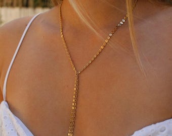 Long Y Tassel Necklace - Front Back - Double Coin Drop Lariat - Fring Drop Y  -  Gold Filled Coin Y Lariat