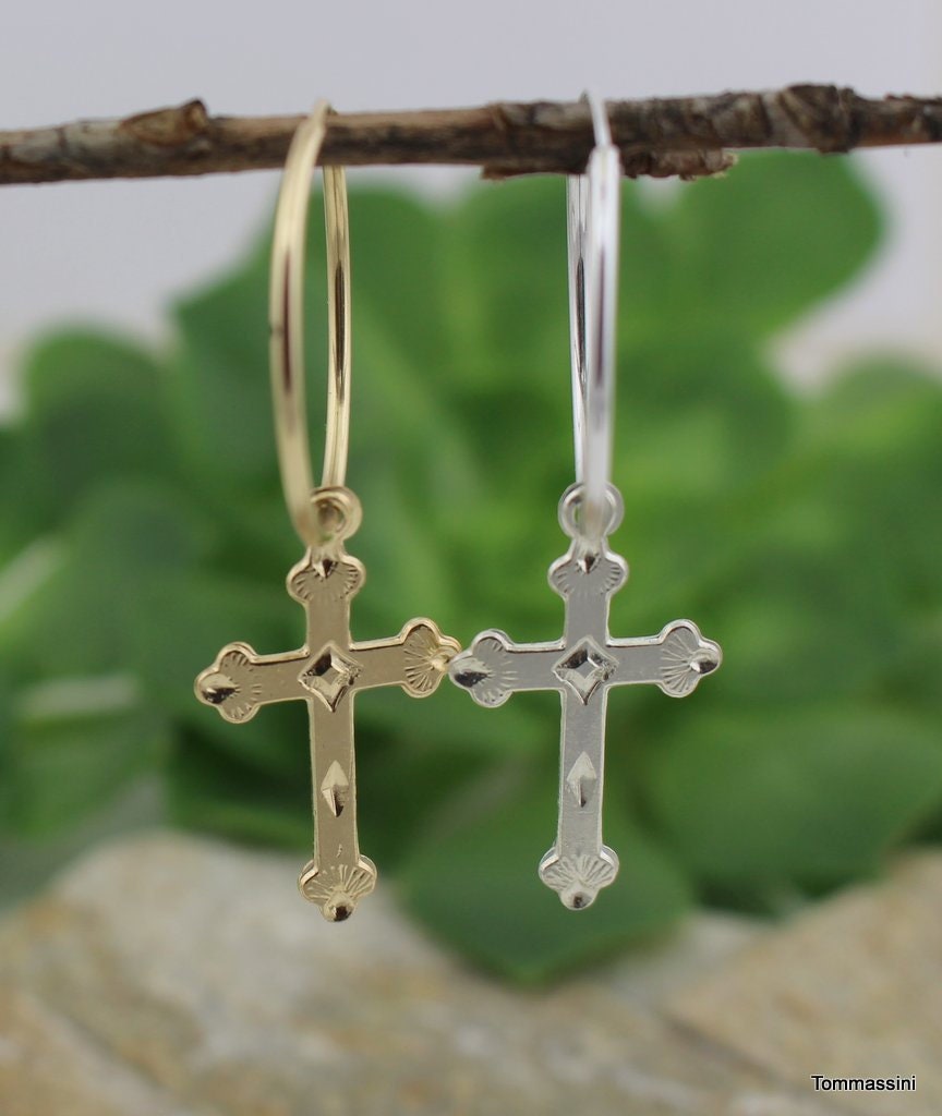 Dangle cross earrings 14k best sale gold