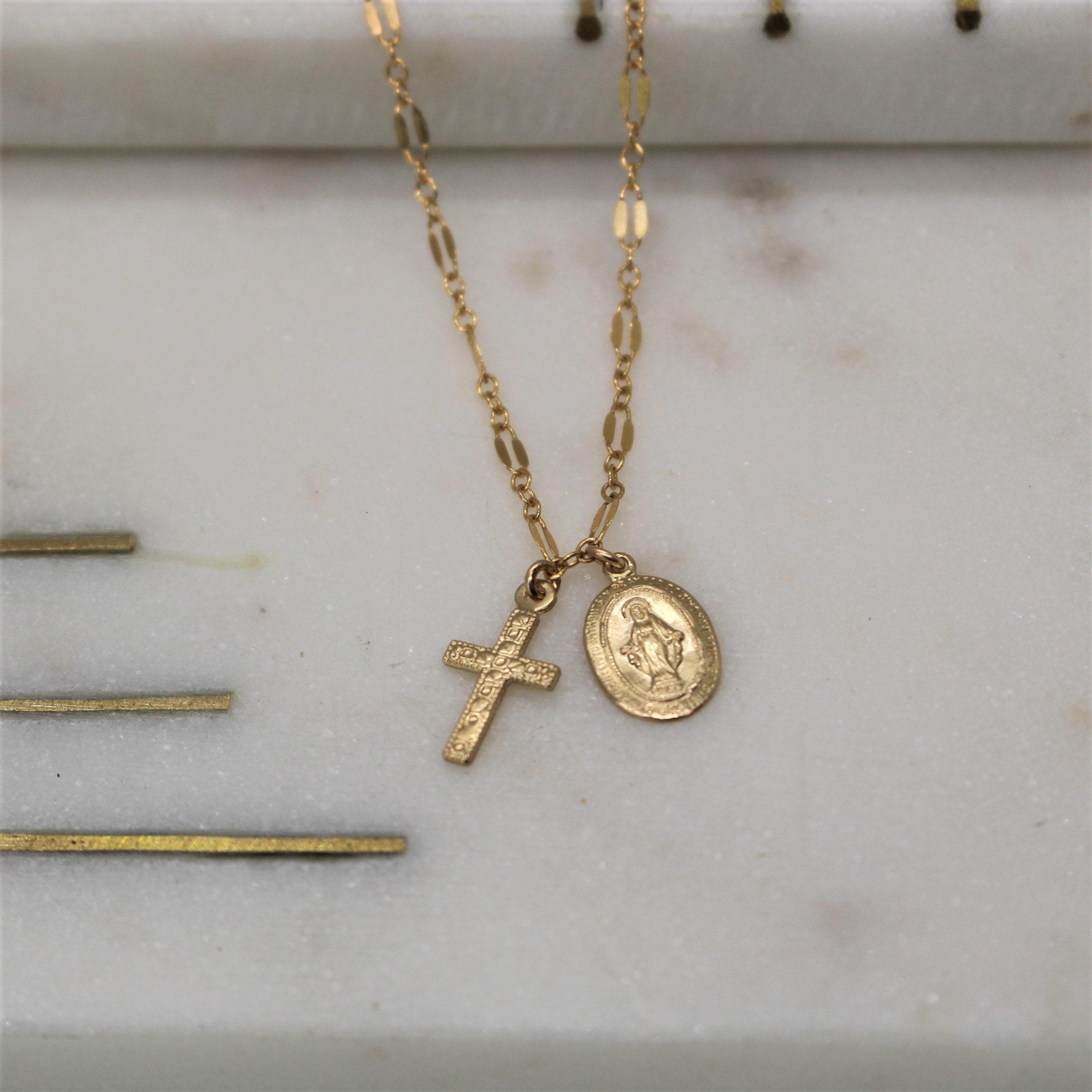 Tiny Cross & Saint Charm Necklace / Gold Filled, Sterling