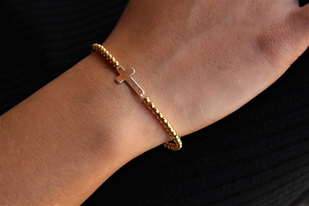 Stretchy Cross Bracelet / Gold Beaded Cross Bracelet / Sideways Cross