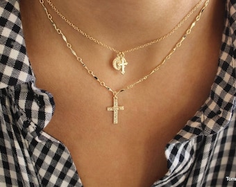 Collar de cruz - Collar religioso minimalista - Collar con capas de oro o plata - Joyería cristiana