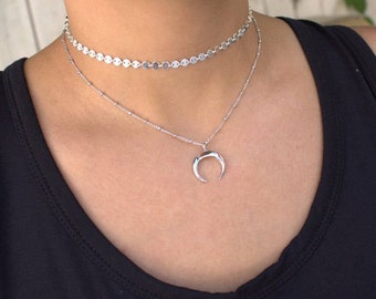 Crescent Necklace, silver, Double horn necklace, moon necklace, layered necklace, Tusk Necklace, charm necklace, silver Layering Necklace,