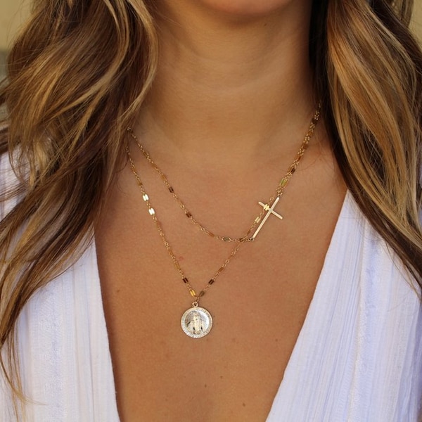 Side Cross Necklace, Layered Necklace, Medallion Necklace, Layer Coin Necklace, Gold Medallion Necklace, Coin, Cross, Medallion, Pendant,