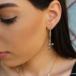 Cross Hoop Earrings, 14K Gold Filled Earrings, Dangle Cross Earrings, Charm Cross hoops, Dainty Cross Earrings, Baptism Cross, Minimal Cross