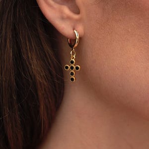 Dainty Gold Filled Dangle Hoop Earrings, Dangling Gold Cross Hoop Earring Cross Charm Drop cross earrings Hoop Earrings Dangle Earrings