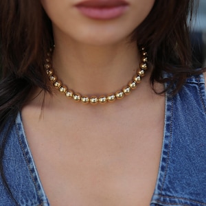 10mm Gold Beaded Necklace, Chunky Beaded Ball Necklace, Gold Filled Beaded Choker Bib, Ball Beaded Stretch Choker, Statement Necklace