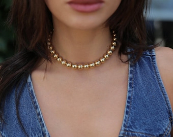 10mm Gold Beaded Choker, Chunky Layering Necklaces, Layered Necklaces, Stretch Ball Bead Necklace, 14K Gold Filled Beaded, Christmas Gift