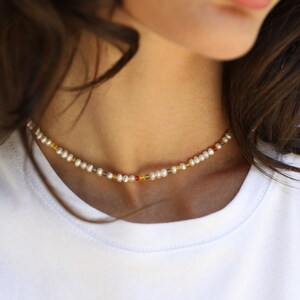Freshwater Pearl Necklace, Dainty Pearl Necklace, Pearl Beaded With Colorful Crystal, Gold Pearl Necklace, Baroque Pearl Necklace, Mix pearl