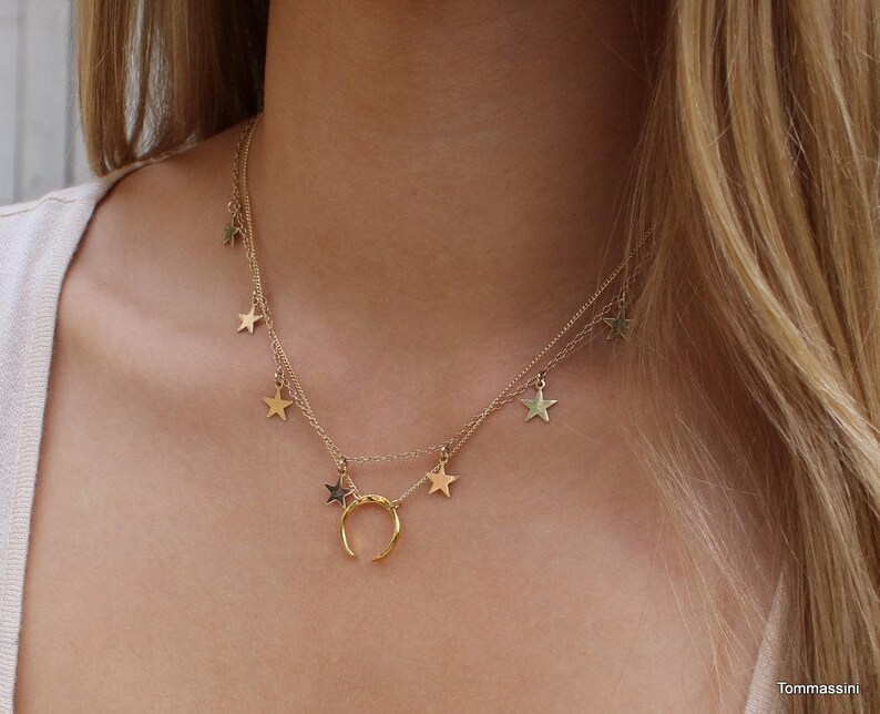 Star Choker Necklace Delicate Star Necklace Double Chain Etsy