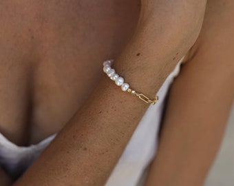 【TommassiniJewelry】Pearl Paperclip Chainブレスレット Paperclip Chain Bracelet, Half Pearl & Chain, Gold Pearl