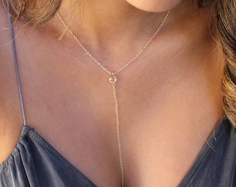 Collar con colgante en forma de Y - Collar tipo lazo - Cristal largo y delicado - Chapado en oro de 14 k o plata