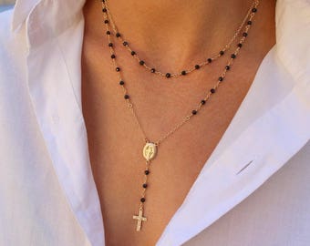 Beaded Rosary Necklace, Gold Filled Rosary Necklace, Black Spinal Rosary, Cross Y Necklaces, Rosaries Housewives, Confirmation Gift