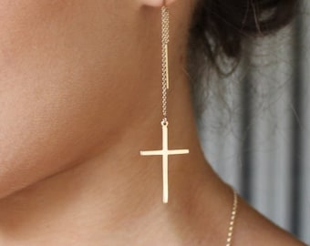 cross earrings | threader earring |  long cross earrings | Chain Earrings |Threader Earrings | Gold Filled | SILVER | Gift For Her