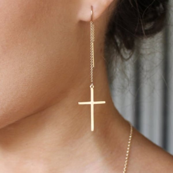 cross earrings | threader earring |  long cross earrings | Chain Earrings |Threader Earrings | Gold Filled | SILVER | Gift For Her