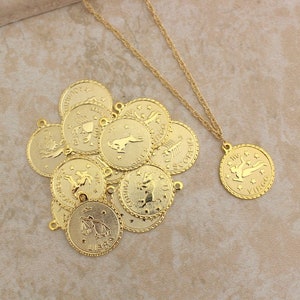 Zodiac Necklace, Horoscope Medallion Necklace, Zodiac Coin Necklace, Horoscope Medallion Necklace, Coin Necklace Gift, Layering Necklace