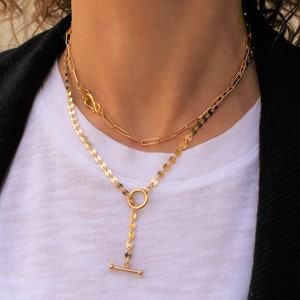 Gold Chunky Disc Chain Necklace, Disc Chain Toggle Layering Necklace, Sterling Silver Thick Chain Y Toggle Clasp Necklace, Gift For Her,