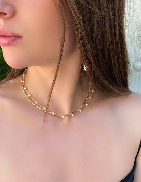 【TommassiniJewelry】Pearl Station Chain Layeredネックレス Pearl Station Necklace, Pearl Necklace, Layered Pearl