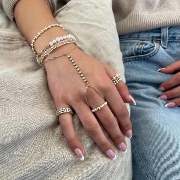 Hand chain Bracelet, Finger Bracelet, Hand Chain Ring Bracelet, Gold and Crystal Hand Finger Chain Bracelet, Silver Crystal Slave Chain,