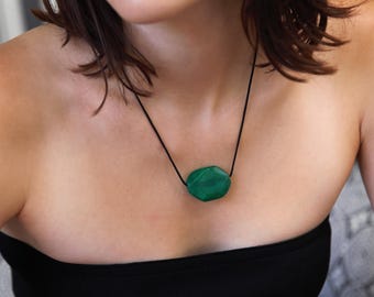 Green Agate Pendant Necklace - Stone On Cord Necklace - Long Adjustable Black Cord - Sliding Gemstone Pendant On Cord - Christamas Gift