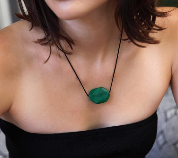 Green Agate Pendant Necklace - Stone On Cord Necklace - Long Adjustable Black Cord - Sliding Gemstone Pendant On Cord - Christamas Gift