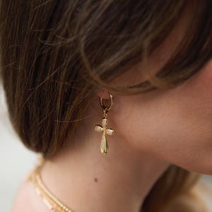 14K Gold Filled Hoop Dangle Cross Charm Diamond Cross Dangle Hoops Earrings Cross Huggies Hoops, Minimalist Earrings, Religious Jewelry