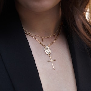 Dainty Cross and Virgin Mary Necklace, Virgin Mary Y Necklace, Layered Cross Necklace, Rosary Gold Necklace, Religious Necklace