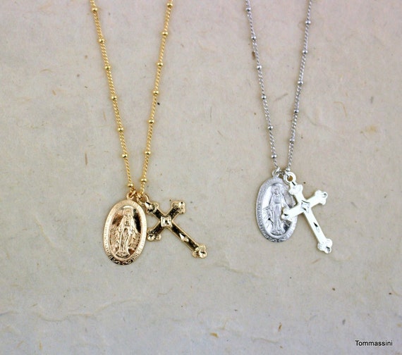 Coin Cross \u0026 Virgin Mary Charm Necklace 