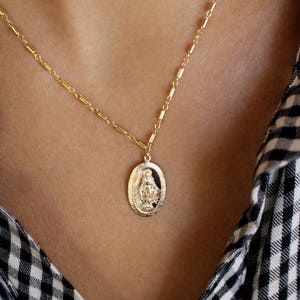 Gold Miraculous Medal Virgin Mary Necklace, Gold Coin Necklace,  14k Gold Filled coin necklace, Virgin Mary Necklace