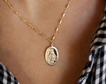 Miraculous Medal Necklace - 14k Gold Virgin Mary Coin Necklace - Catholic Charm Jewelry - Layered Silver Cross And Coin - Christmas Gift
