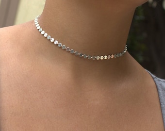 Sterling Silver Disc Choker, Dainty Layering Necklace