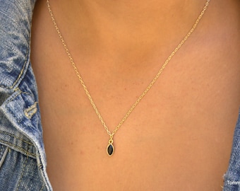 Dainty Marquise Pendent Necklace - Black Swarovski Crystal Charm Necklace - Silver or Gold Filled Black Pendent Choker - Gift For Her