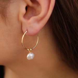 Baroque Pearl Hoops Earrings Pearl Earrings Pearl Hoops Earrings Gold Pearl Hoops Dainty pearl Hoops Earrings Summer Earring image 6