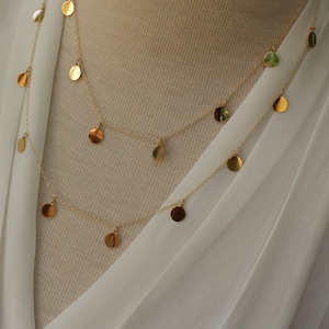 gold disc necklace, Courtney Cox Cougar Town Necklace, Layering Gold disc Necklace, Long Discs necklace, Gold Necklace, Disc Necklace,